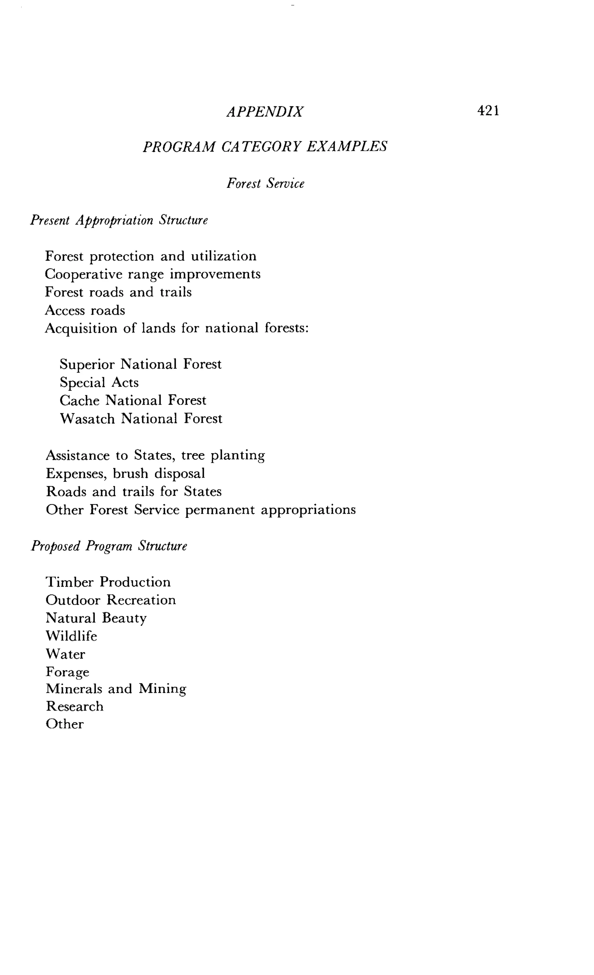 Present Appropriation Structure
Forest protection and utilization
Cooperative range improvements
Forest roads and trails
Access roads
Acquisition of lands for national forests:
Superior National Forest
Special Acts
Cache National Forest
Wasatch National Forest
Assistance to States, tree planting
Expenses, brush disposal
Roads and trails for States
Other Forest Service permanent appropriations
Proposed Program Structure
Timber Production
Outdoor Recreation
Natural Beauty
Wildlife
Water
Forage
Minerals and Mining
Research
Other
APPENDIX
	
421
PROGRAM CATEGORY EXAMPLES
Forest Service
 