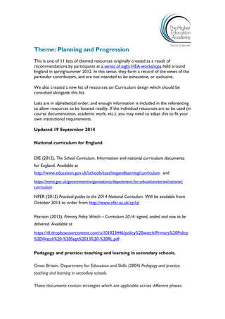 Theme: Planning and Progression 
This is one of 11 lists of themed resources originally created as a result of recommendations by participants at a series of eight HEA workshops held around England in spring/summer 2012. In this sense, they form a record of the views of the particular contributors, and are not intended to be exhaustive, or exclusive. 
We also created a new list of resources on Curriculum design which should be consulted alongside this list. 
Lists are in alphabetical order, and enough information is included in the referencing to allow resources to be located readily. If the individual resources are to be used (in course documentation, academic work, etc.), you may need to adapt this to fit your own institutional requirements. 
Updated 19 September 2014 
National curriculum for England 
DfE (2012), The School Curriculum. Information and national curriculum documents for England. Available at http://www.education.gov.uk/schools/teachingandlearning/curriculum and 
https://www.gov.uk/government/organisations/department-for-education/series/national- curriculum 
NFER (2013) Practical guides to the 2014 National Curriculum. Will be available from October 2013 to order from http://www.nfer.ac.uk/cp1a/ 
Pearson (2013), Primary Policy Watch – Curriculum 2014: signed, sealed and now to be delivered. Available at 
https://dl.dropboxusercontent.com/u/101923446/policy%20watch/Primary%20Policy%20Watch%20-%20Sept%2013%20-%20RL.pdf 
Pedagogy and practice: teaching and learning in secondary schools. 
Great Britain. Department for Education and Skills (2004) Pedagogy and practice: teaching and learning in secondary schools. 
These documents contain strategies which are applicable across different phases.  