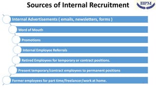 Sources of Internal Recruitment
Internal Advertisements ( emails, newsletters, forms )
Word of Mouth
Promotions

Internal Employee Referrals
Retired Employees for temporary or contract positions.
Present temporary/contract employees to permanent positions
Former employees for part time/freelancer/work at home.

11

 