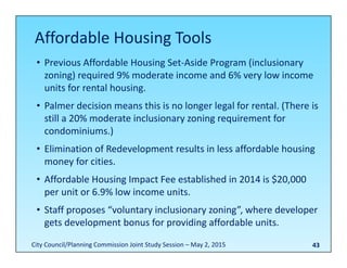43
• Previous Affordable Housing Set‐Aside Program (inclusionary 
zoning) required 9% moderate income and 6% very low income 
units for rental housing.
• Palmer decision means this is no longer legal for rental. (There is 
still a 20% moderate inclusionary zoning requirement for 
condominiums.)
• Elimination of Redevelopment results in less affordable housing 
money for cities.
• Affordable Housing Impact Fee established in 2014 is $20,000 
per unit or 6.9% low income units.
• Staff proposes “voluntary inclusionary zoning”, where developer 
gets development bonus for providing affordable units.
Affordable Housing Tools
City Council/Planning Commission Joint Study Session – May 2, 2015
 