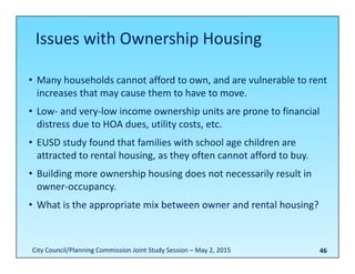 46
• Many households cannot afford to own, and are vulnerable to rent 
increases that may cause them to have to move.
• Low‐ and very‐low income ownership units are prone to financial 
distress due to HOA dues, utility costs, etc.
• EUSD study found that families with school age children are 
attracted to rental housing, as they often cannot afford to buy.
• Building more ownership housing does not necessarily result in 
owner‐occupancy.
• What is the appropriate mix between owner and rental housing?
Issues with Ownership Housing
City Council/Planning Commission Joint Study Session – May 2, 2015
 