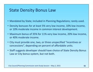 55
• Mandated by State; included in Planning Regulations; rarely used.
• Density bonuses for at least 5% very low income, 10% low income, 
or 10% moderate income in common interest development.
• Maximum bonus of 35% for 11% very low income, 20% low income, 
or 40% moderate income.
• City must provide one, two, or three unspecified “incentives or 
concessions”, depending on percent of affordable units.
• Staff suggests developer should have choice of State Density Bonus 
Law or City bonus system, but not both.
State Density Bonus Law
City Council/Planning Commission Joint Study Session – May 2, 2015
 