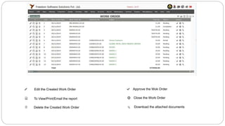 Edit the Created Work Order
To View/Print/Email the report
Delete the Created Work Order Download the attached documents
Approve the Wok Order
Close the Work Order
 
