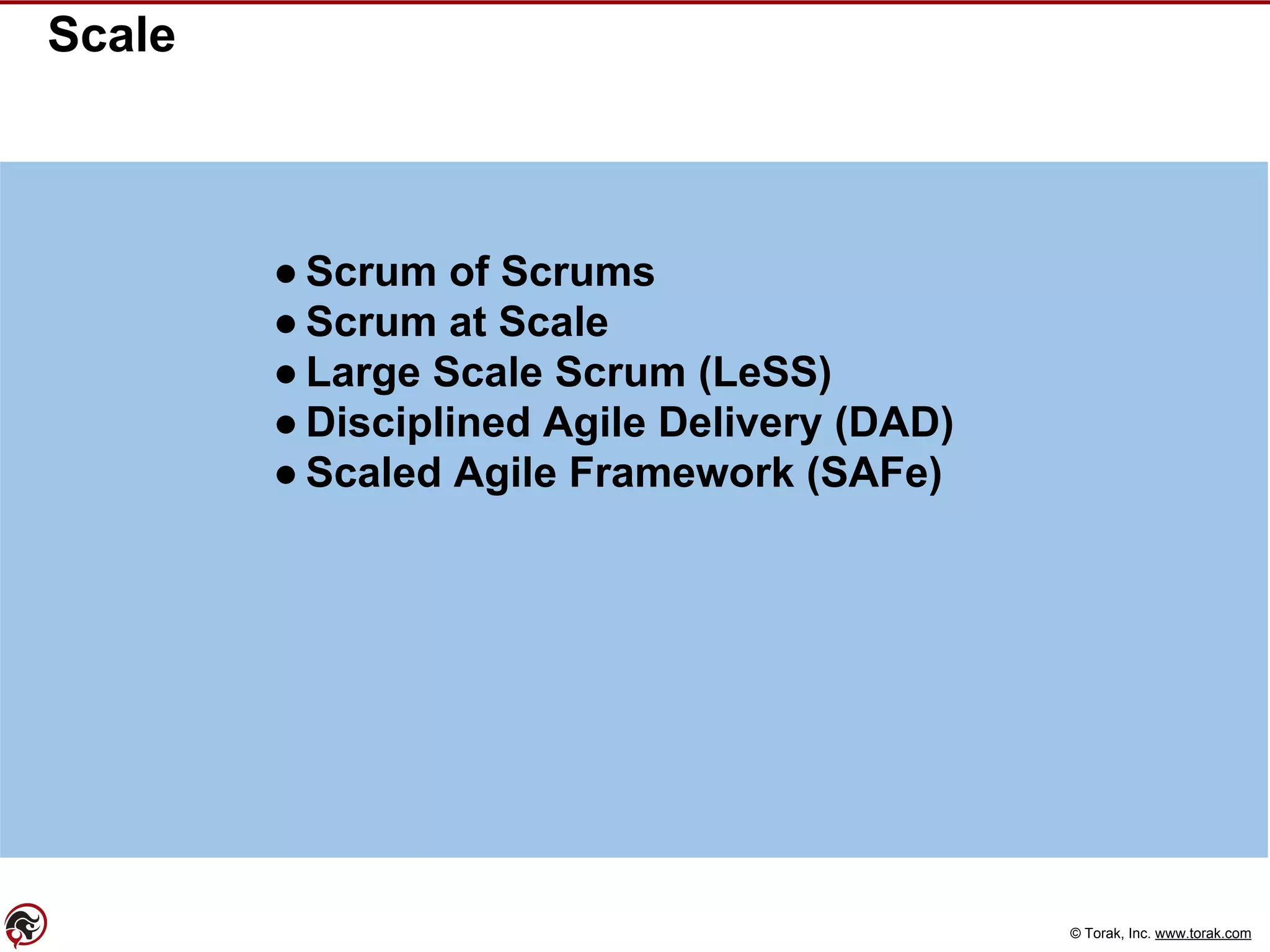 © Torak, Inc. www.torak.com
Scale
● Scrum of Scrums
● Scrum at Scale
● Large Scale Scrum (LeSS)
● Disciplined Agile Delivery (DAD)
● Scaled Agile Framework (SAFe)
 
