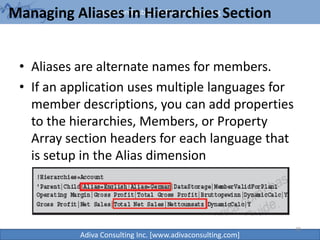 Hyperion Essbase & Planning Training
Adiva Consulting Inc. [www.adivaconsulting.com]
Managing Aliases in Hierarchies Section
• Aliases are alternate names for members.
• If an application uses multiple languages for
member descriptions, you can add properties
to the hierarchies, Members, or Property
Array section headers for each language that
is setup in the Alias dimension
38
 