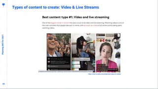 3535
Types of content to create: Video & Live Streams
PlanningSEOfor2021
https://www.coredna.com/blogs/best-types-of-content
 