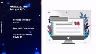 5
What 2020 Has
Brought SEO
PlanningSEOfor2021
Featured Snippet De-
duping
May 2020 Core Update
The SEO World Since
COVID-19
 
