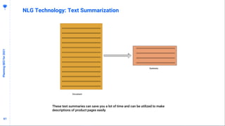 6161
PlanningSEOfor2021
NLG Technology: Text Summarization
These text summaries can save you a lot of time and can be utilized to make
descriptions of product pages easily
 
