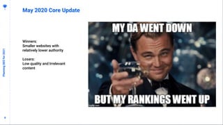 99
May 2020 Core Update
Winners:
Smaller websites with
relatively lower authority
Losers:
Low quality and Irrelevant
content
PlanningSEOfor2021
 