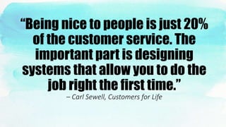 “Being nice to people is just 20%
of the customer service. The
important part is designing
systems that allow you to do the
job right the first time.”
– Carl Sewell, Customers for Life
 
