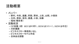 活動概要
• メンバー
– 野村、今田、遠藤、阿部、野末、上田、山岡、小保田
– 大内、原田、浅羽、渡邊、小泉、加藤
– 福地（報告者）
• 活動状況
– F2F会議：3回 10/1（@トヨタ）、10/16（@ソニー）、10/24（@日立）
–...