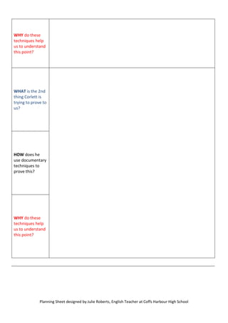 WHY do these
techniques help
us to understand
this point?

WHAT is the 2nd
thing Corlett is
trying to prove to
us?

HOW does he
use documentary
techniques to
prove this?

WHY do these
techniques help
us to understand
this point?

Planning Sheet designed by Julie Roberts, English Teacher at Coffs Harbour High School

 