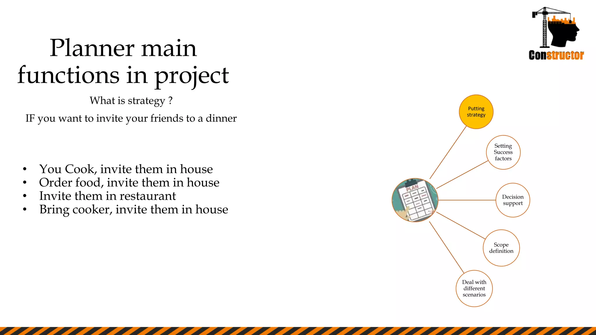Planner main
functions in project
Putting
strategy
Setting
Success
factors
Decision
support
Scope
definition
Deal with
different
scenarios
What is strategy ?
IF you want to invite your friends to a dinner
• You Cook, invite them in house
• Order food, invite them in house
• Invite them in restaurant
• Bring cooker, invite them in house
 