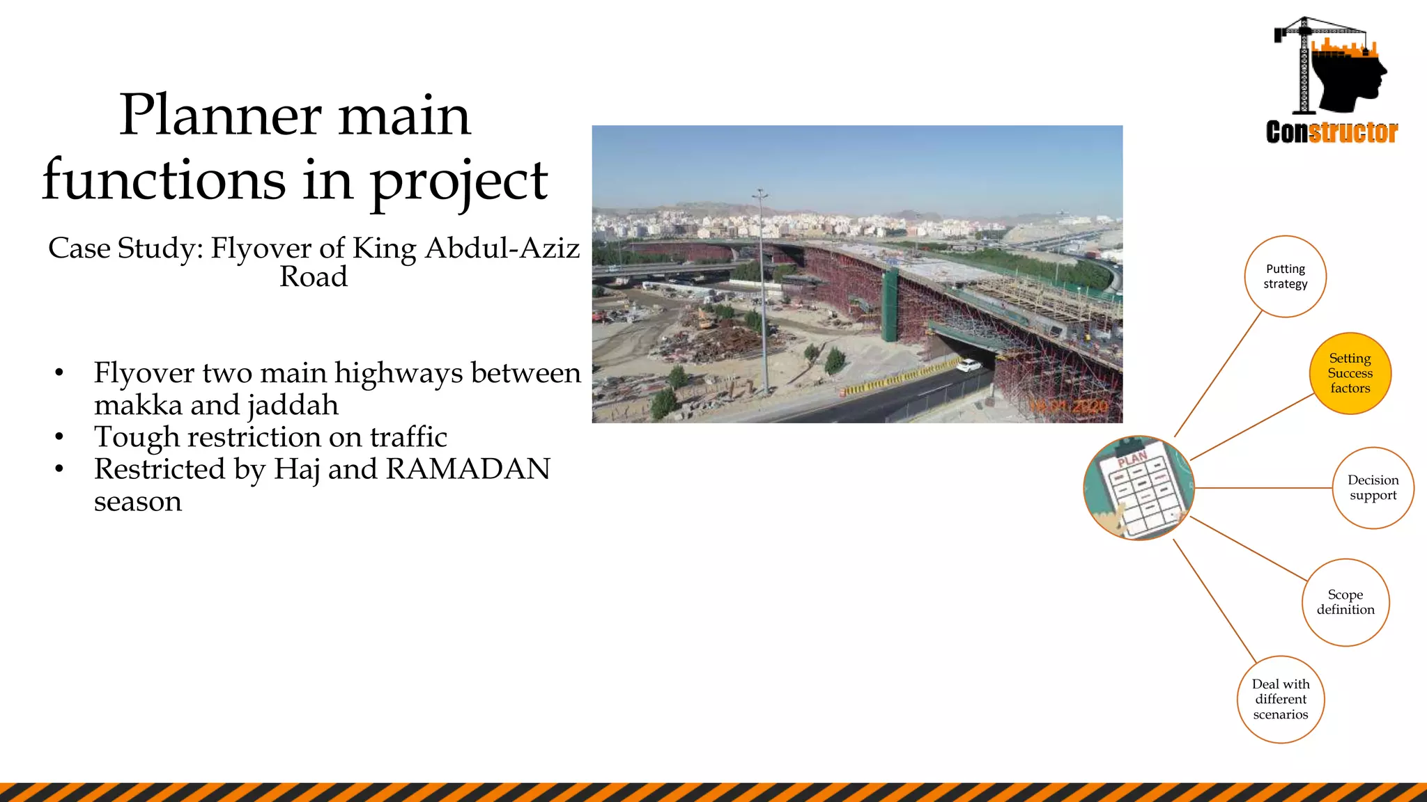 Planner main
functions in project
Putting
strategy
Setting
Success
factors
Decision
support
Scope
definition
Deal with
different
scenarios
Case Study: Flyover of King Abdul-Aziz
Road
• Flyover two main highways between
makka and jaddah
• Tough restriction on traffic
• Restricted by Haj and RAMADAN
season
 