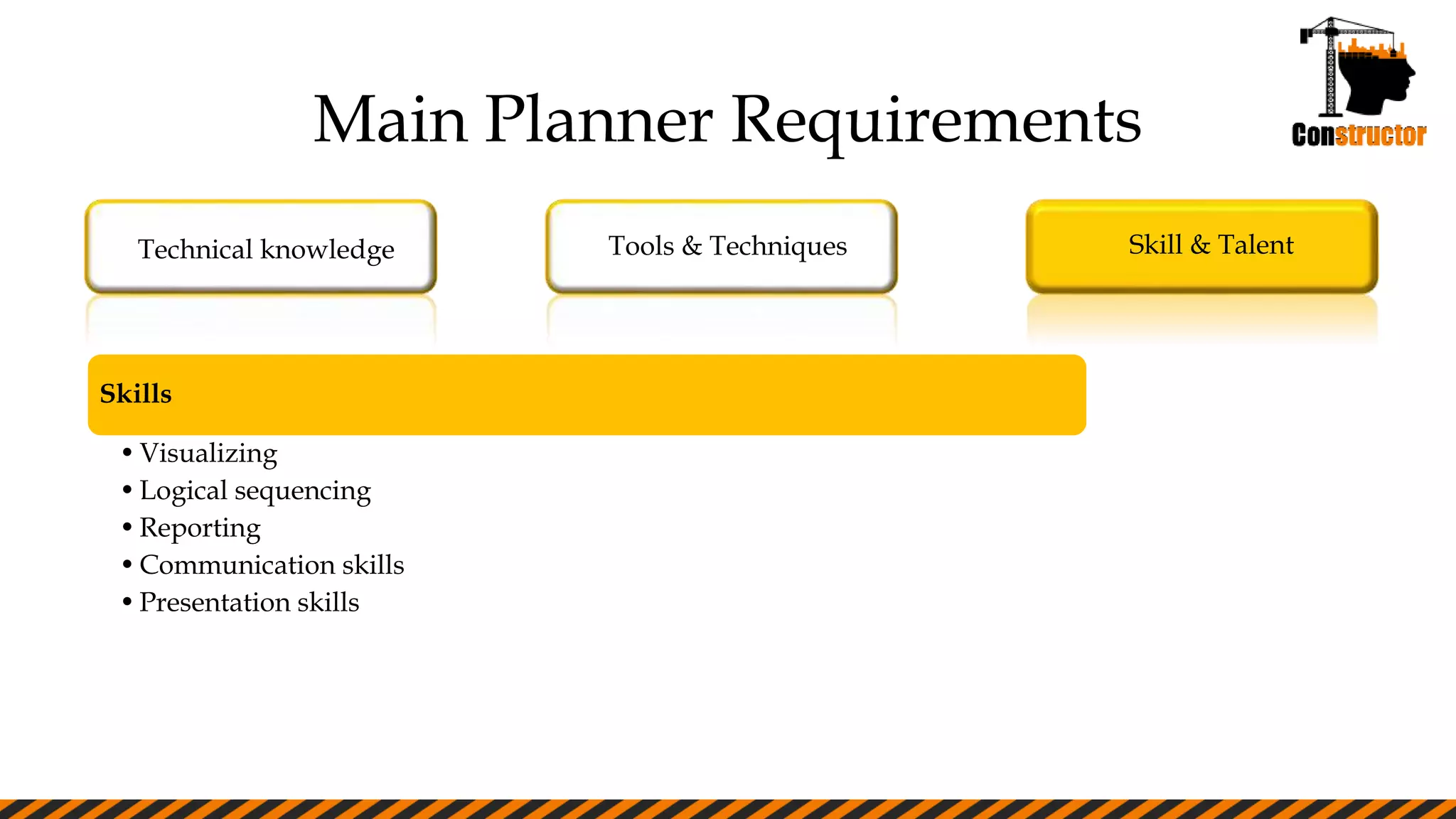 Main Planner Requirements
Technical knowledge Tools & Techniques Skill & Talent
Skills
•Visualizing
•Logical sequencing
•Reporting
•Communication skills
•Presentation skills
 