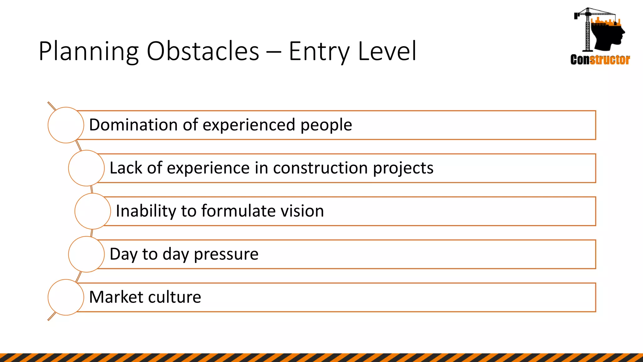Planning Obstacles – Entry Level
Domination of experienced people
Lack of experience in construction projects
Inability to formulate vision
Day to day pressure
Market culture
 