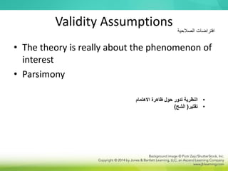 Validity Assumptions
• The theory is really about the phenomenon of
interest
• Parsimony
‫الصالحية‬ ‫افتراضات‬
•
‫االهتمام‬ ‫ظاهرة‬ ‫حول‬ ‫تدور‬ ‫النظرية‬
•
‫تقتير‬
(
‫الشح‬
)
 