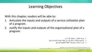 Learning Objectives
With this chapter, readers will be able to:
1. Articulate the inputs and outputs of a service utilization plan
of a program.
2. Justify the inputs and outputs of the organizational plan of a
program.
•
‫من‬ ‫القراء‬ ‫سيتمكن‬ ، ‫الفصل‬ ‫هذا‬ ‫مع‬
:
•
‫لبرنامج‬ ‫الخدمة‬ ‫استخدام‬ ‫خطة‬ ‫من‬ ‫والمخرجات‬ ‫المدخالت‬ ‫توضيح‬
.
•
‫للبرنامج‬ ‫التنظيمية‬ ‫الخطة‬ ‫ومخرجات‬ ‫مدخالت‬ ‫تبرير‬
.
 