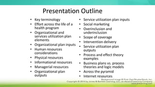 Presentation Outline
• Key terminology
• Effort across the life of a
health program
• Organizational and
services utilization plan
elements
• Organizational plan inputs
• Human resources
considerations
• Physical resources
• Informational resources
• Managerial resources
• Organizational plan
outputs
• Service utilization plan inputs
• Social marketing
• Overinclusion and
underinclusion
• Scope of coverage
• Intervention delivery
• Service utilization plan
outputs
• Process and effect theory
examples
• Business plans vs. process
theories and logic models
• Across the pyramid
• Internet resources
 