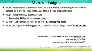 More on Budgets
• Must include evaluation expenses: at a minimum, a meaningful evaluation
cannot be done for less than 10% of the direct program costs
• Must include evaluation expenses
– Generally ≤ 10% of direct program costs
• Budget justifications are required for funding proposals
• Most grant proposal budgets focus on the major categories of direct costs.
•
‫التقييم‬ ‫نفقات‬ ‫تشمل‬ ‫أن‬ ‫يجب‬
:
‫من‬ ‫بأقل‬ ‫حقيقي‬ ‫تقييم‬ ‫إجراء‬ ‫يمكن‬ ‫ال‬ ، ‫أدنى‬ ‫كحد‬
10
‫المباشرة‬ ‫البرنامج‬ ‫تكاليف‬ ‫من‬ ٪
•
‫يجب‬
‫التقييم‬ ‫نفقات‬ ‫تشمل‬ ‫أن‬
•
‫عموما‬
≥
10
‫المباشرة‬ ‫البرنامج‬ ‫تكاليف‬ ‫من‬ ٪
•
‫لمقترحات‬ ‫مطلوبة‬ ‫الميزانية‬ ‫مبررات‬
‫التمويل‬
•
‫المباشرة‬ ‫للتكاليف‬ ‫الرئيسية‬ ‫الفئات‬ ‫على‬ ‫المنح‬ ‫مقترحات‬ ‫ميزانيات‬ ‫معظم‬ ‫تركز‬
.
‫مهم‬
 