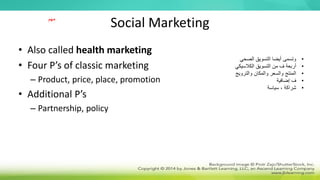 Social Marketing
• Also called health marketing
• Four P’s of classic marketing
– Product, price, place, promotion
• Additional P’s
– Partnership, policy
•
‫الصحي‬ ‫التسويق‬ ‫أيضا‬ ‫وتسمى‬
•
‫الكالسيكي‬ ‫التسويق‬ ‫من‬ ‫ف‬ ‫أربعة‬
•
‫والترويج‬ ‫والمكان‬ ‫والسعر‬ ‫المنتج‬
•
‫إضافية‬ ‫ف‬
•
‫سياسة‬ ، ‫شراكة‬
‫مهم‬
 