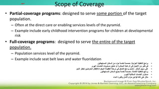 Scope of Coverage
• Partial-coverage programs: designed to serve some portion of the target
population.
– Often at the direct care or enabling services levels of the pyramid.
– Example include early childhood intervention programs for children at developmental
risk
• Full-coverage programs: designed to serve the entire of the target
population.
– Population services level of the pyramid.
– Example include seat belt laws and water fluoridation
‫مهم‬
•
‫الجزئية‬ ‫التغطية‬ ‫برامج‬
:
‫المستهدفين‬ ‫السكان‬ ‫من‬ ‫جزء‬ ‫لخدمة‬ ‫مصممة‬
.
•
‫الهرم‬ ‫الخدمات‬ ‫مستويات‬ ‫تمكين‬ ‫أو‬ ‫المباشرة‬ ‫الرعاية‬ ‫في‬ ‫األحيان‬ ‫من‬ ‫كثير‬ ‫في‬
.
•
‫النمو‬ ‫لخطر‬ ‫المعرضين‬ ‫لألطفال‬ ‫المبكرة‬ ‫الطفولة‬ ‫مرحلة‬ ‫في‬ ‫التدخل‬ ‫برامج‬ ‫تشمل‬ ، ‫المثال‬ ‫سبيل‬ ‫على‬
•
‫الكاملة‬ ‫التغطية‬ ‫برامج‬
:
‫المستهدفين‬ ‫السكان‬ ‫جميع‬ ‫لخدمة‬ ‫مصممة‬
.
•
‫للهرم‬ ‫السكانية‬ ‫الخدمات‬ ‫مستوى‬
.
•
‫الماء‬ ‫وفلورة‬ ‫األمان‬ ‫حزام‬ ‫قوانين‬ ‫ذلك‬ ‫على‬ ‫مثال‬
 