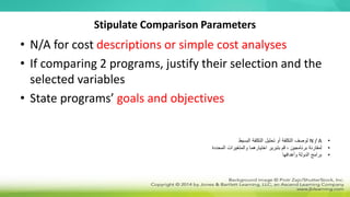 Stipulate Comparison Parameters
• N/A for cost descriptions or simple cost analyses
• If comparing 2 programs, justify their selection and the
selected variables
• State programs’ goals and objectives
•
N / A
‫البسيط‬ ‫التكلفة‬ ‫تحليل‬ ‫أو‬ ‫التكلفة‬ ‫لوصف‬
•
‫المحددة‬ ‫والمتغيرات‬ ‫اختيارهما‬ ‫بتبرير‬ ‫قم‬ ، ‫برنامجين‬ ‫لمقارنة‬
•
‫وأهدافها‬ ‫الدولة‬ ‫برامج‬
 