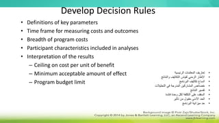 Develop Decision Rules
• Definitions of key parameters
• Time frame for measuring costs and outcomes
• Breadth of program costs
• Participant characteristics included in analyses
• Interpretation of the results
– Ceiling on cost per unit of benefit
– Minimum acceptable amount of effect
– Program budget limit
•
‫الرئيسية‬ ‫المعلمات‬ ‫تعاريف‬
•
‫والنتائج‬ ‫التكاليف‬ ‫لقياس‬ ‫الزمني‬ ‫اإلطار‬
•
‫البرنامج‬ ‫تكاليف‬ ‫اتساع‬
•
‫التحليالت‬ ‫في‬ ‫المدرجة‬ ‫المشاركين‬ ‫خصائص‬
•
‫النتائج‬ ‫تفسير‬
•
‫فائدة‬ ‫وحدة‬ ‫لكل‬ ‫التكلفة‬ ‫على‬ ‫السقف‬
•
‫تأثير‬ ‫من‬ ‫مقبول‬ ‫األدنى‬ ‫الحد‬
•
‫البرنامج‬ ‫ميزانية‬ ‫حد‬
 