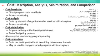 Cost Description, Analysis, Minimization, and Comparison
• Cost description
– Direct program costs, no effects
– Process monitoring
• Cost analysis
– Costs by element of organizational or services utilization plan
– Process monitoring
• Cost minimization
– Program delivery at the lowest possible cost
– Part of budgeting process
• Above can be used during program planning
• Cost comparison
– Costs per participant without examining outcomes or impacts
– May be used to compare varied programs within an agency
‫مهم‬
•
‫التكلفة‬ ‫وصف‬
•
‫آثار‬ ‫أي‬ ، ‫المباشرة‬ ‫البرنامج‬ ‫تكاليف‬
•
‫الرصد‬ ‫عملية‬
•
‫التكلفة‬ ‫تحليل‬
•
‫الخدمات‬ ‫استخدام‬ ‫أو‬ ‫التنظيمية‬ ‫الخطة‬ ‫عنصر‬ ‫حسب‬ ‫التكاليف‬
•
‫الرصد‬ ‫عملية‬
•
‫التكلفة‬ ‫تقليل‬
•
‫ممكنة‬ ‫تكلفة‬ ‫بأقل‬ ‫البرنامج‬ ‫تسليم‬
•
‫الميزانية‬ ‫وضع‬ ‫عملية‬ ‫من‬ ‫جزء‬
•
‫البرنامج‬ ‫تخطيط‬ ‫أثناء‬ ‫استخدامها‬ ‫يمكن‬ ‫أعاله‬
•
‫التكاليف‬ ‫مقارنة‬
•
‫اآلثار‬ ‫أو‬ ‫النتائج‬ ‫فحص‬ ‫دون‬ ‫مشارك‬ ‫لكل‬ ‫التكاليف‬
•
‫الوكالة‬ ‫داخل‬ ‫المختلفة‬ ‫البرامج‬ ‫لمقارنة‬ ‫استخدامها‬ ‫يمكن‬
 