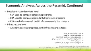 Economic Analyses Across the Pyramid, Continued
• Population-based services level
– CEA used to compare screening programs
– CBA used to compare dissimilar full coverage programs
– CUA used when overall health of a community is a concern
• Infrastructure level
– All analyses are appropriate, with infrastructure as focus
•
‫السكان‬ ‫على‬ ‫القائمة‬ ‫الخدمات‬ ‫مستوى‬
•
‫تستخدم‬
CEA
‫الفحص‬ ‫برامج‬ ‫لمقارنة‬
•
‫تستخدم‬
CBA
‫المتباينة‬ ‫الكاملة‬ ‫التغطية‬ ‫برامج‬ ‫لمقارنة‬
•
‫تستخدم‬
CUA
‫قلق‬ ‫مصدر‬ ‫للمجتمع‬ ‫العامة‬ ‫الصحة‬ ‫تكون‬ ‫عندما‬
•
‫التحتية‬ ‫البنية‬ ‫مستوى‬
•
‫التحتية‬ ‫البنية‬ ‫على‬ ‫التركيز‬ ‫مع‬ ، ‫مناسبة‬ ‫التحليالت‬ ‫جميع‬
 