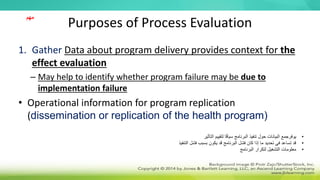 Purposes of Process Evaluation
1. Gather Data about program delivery provides context for the
effect evaluation
– May help to identify whether program failure may be due to
implementation failure
• Operational information for program replication
(dissemination or replication of the health program)
‫مهم‬
•
‫يوفرجمع‬
‫البيانات‬
‫التأثير‬ ‫لتقييم‬ ‫ا‬ً‫ق‬‫سيا‬ ‫البرنامج‬ ‫تنفيذ‬ ‫حول‬
•
‫التنفيذ‬ ‫فشل‬ ‫بسبب‬ ‫يكون‬ ‫قد‬ ‫البرنامج‬ ‫فشل‬ ‫كان‬ ‫إذا‬ ‫ما‬ ‫تحديد‬ ‫في‬ ‫تساعد‬ ‫قد‬
•
‫البرنامج‬ ‫لتكرار‬ ‫التشغيل‬ ‫معلومات‬
 