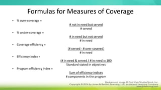 Formulas for Measures of Coverage
• % over-coverage =
# not in need but served
# served
• % under-coverage =
# in need but not served
# in need
• Coverage efficiency =
(# served - # over-covered)
# in need
• Efficiency index =
(# in need & served / # in need) x 100
Standard stated in objectives
• Program efficiency index =
Sum of efficiency indices
# components in the program
 