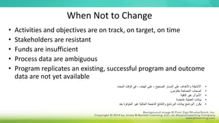 When Not to Change
• Activities and objectives are on track, on target, on time
• Stakeholders are resistant
• Funds are insufficient
• Process data are ambiguous
• Program replicates an existing, successful program and outcome
data are not yet available
•
‫المحدد‬ ‫الوقت‬ ‫في‬ ، ‫الهدف‬ ‫على‬ ، ‫الصحيح‬ ‫المسار‬ ‫على‬ ‫واألهداف‬ ‫األنشطة‬
•
‫مقاومون‬ ‫المصلحة‬ ‫أصحاب‬
•
‫كافية‬ ‫غير‬ ‫األموال‬
•
‫غامضة‬ ‫العملية‬ ‫بيانات‬
•
‫بعد‬ ‫المتوفرة‬ ‫غير‬ ‫الحالية‬ ‫الناجحة‬ ‫والنتائج‬ ‫البرنامج‬ ‫بيانات‬ ‫البرنامج‬ ‫يكرر‬
 
