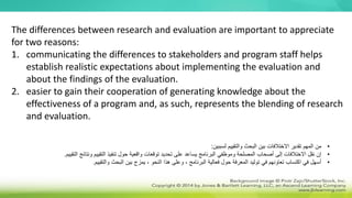 The differences between research and evaluation are important to appreciate
for two reasons:
1. communicating the differences to stakeholders and program staff helps
establish realistic expectations about implementing the evaluation and
about the findings of the evaluation.
2. easier to gain their cooperation of generating knowledge about the
effectiveness of a program and, as such, represents the blending of research
and evaluation.
•
‫لسببين‬ ‫والتقييم‬ ‫البحث‬ ‫بين‬ ‫االختالفات‬ ‫تقدير‬ ‫المهم‬ ‫من‬
:
•
‫و‬ ‫التقييم‬ ‫تنفيذ‬ ‫حول‬ ‫واقعية‬ ‫توقعات‬ ‫تحديد‬ ‫على‬ ‫يساعد‬ ‫البرنامج‬ ‫وموظفي‬ ‫المصلحة‬ ‫أصحاب‬ ‫إلى‬ ‫االختالفات‬ ‫نقل‬ ‫إن‬
‫التقييم‬ ‫نتائج‬
.
•
‫والتقييم‬ ‫البحث‬ ‫بين‬ ‫يمزج‬ ، ‫النحو‬ ‫هذا‬ ‫وعلى‬ ، ‫البرنامج‬ ‫فعالية‬ ‫حول‬ ‫المعرفة‬ ‫توليد‬ ‫في‬ ‫تعاونهم‬ ‫اكتساب‬ ‫في‬ ‫أسهل‬
.
 