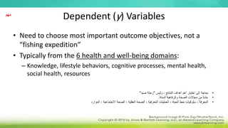 Dependent (y) Variables
• Need to choose most important outcome objectives, not a
“fishing expedition”
• Typically from the 6 health and well-being domains:
– Knowledge, lifestyle behaviors, cognitive processes, mental health,
social health, resources
‫مهم‬
•
‫وليس‬ ، ‫النتائج‬ ‫أهداف‬ ‫أهم‬ ‫اختيار‬ ‫إلى‬ ‫بحاجة‬
"
‫صيد‬ ‫رحلة‬
"
•
‫الستة‬ ‫والرفاهية‬ ‫الصحة‬ ‫مجاالت‬ ‫من‬ ً‫ة‬‫عاد‬
:
•
‫الموارد‬ ، ‫االجتماعية‬ ‫الصحة‬ ، ‫العقلية‬ ‫الصحة‬ ، ‫المعرفية‬ ‫العمليات‬ ، ‫الحياة‬ ‫نمط‬ ‫سلوكيات‬ ، ‫المعرفة‬
 