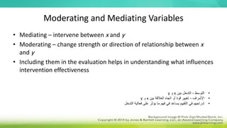 Moderating and Mediating Variables
• Mediating – intervene between x and y
• Moderating – change strength or direction of relationship between x
and y
• Including them in the evaluation helps in understanding what influences
intervention effectiveness
•
‫التوسط‬
-
‫بين‬ ‫التدخل‬
x
‫و‬
y
•
‫اإلشراف‬
-
‫بين‬ ‫العالقة‬ ‫اتجاه‬ ‫أو‬ ‫قوة‬ ‫تغيير‬
x
‫و‬
y
•
‫التدخل‬ ‫فعالية‬ ‫على‬ ‫يؤثر‬ ‫ما‬ ‫فهم‬ ‫في‬ ‫يساعد‬ ‫التقييم‬ ‫في‬ ‫إدراجهم‬
 