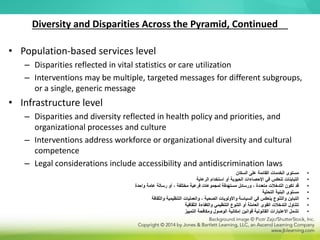 Diversity and Disparities Across the Pyramid, Continued
• Population-based services level
– Disparities reflected in vital statistics or care utilization
– Interventions may be multiple, targeted messages for different subgroups,
or a single, generic message
• Infrastructure level
– Disparities and diversity reflected in health policy and priorities, and
organizational processes and culture
– Interventions address workforce or organizational diversity and cultural
competence
– Legal considerations include accessibility and antidiscrimination laws
•
‫السكان‬ ‫على‬ ‫القائمة‬ ‫الخدمات‬ ‫مستوى‬
•
‫الرعاية‬ ‫استخدام‬ ‫أو‬ ‫الحيوية‬ ‫اإلحصاءات‬ ‫في‬ ‫تنعكس‬ ‫التباينات‬
•
‫واحدة‬ ‫عامة‬ ‫رسالة‬ ‫أو‬ ، ‫مختلفة‬ ‫فرعية‬ ‫لمجموعات‬ ‫مستهدفة‬ ‫ورسائل‬ ، ‫متعددة‬ ‫التدخالت‬ ‫تكون‬ ‫قد‬
•
‫التحتية‬ ‫البنية‬ ‫مستوى‬
•
‫والثقافة‬ ‫التنظيمية‬ ‫والعمليات‬ ، ‫الصحية‬ ‫واألولويات‬ ‫السياسة‬ ‫في‬ ‫ينعكس‬ ‫والتنوع‬ ‫التباين‬
•
‫الثقافية‬ ‫والكفاءة‬ ‫التنظيمي‬ ‫التنوع‬ ‫أو‬ ‫العاملة‬ ‫القوى‬ ‫التدخالت‬ ‫تتناول‬
•
‫التمييز‬ ‫ومكافحة‬ ‫الوصول‬ ‫إمكانية‬ ‫قوانين‬ ‫القانونية‬ ‫االعتبارات‬ ‫تشمل‬
 