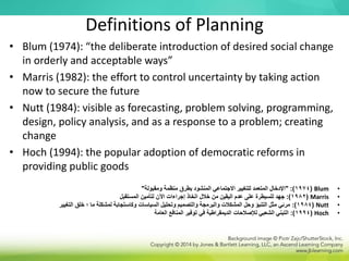 Definitions of Planning
• Blum (1974): “the deliberate introduction of desired social change
in orderly and acceptable ways”
• Marris (1982): the effort to control uncertainty by taking action
now to secure the future
• Nutt (1984): visible as forecasting, problem solving, programming,
design, policy analysis, and as a response to a problem; creating
change
• Hoch (1994): the popular adoption of democratic reforms in
providing public goods
•
Blum
(
1974
" :)
‫ومقبولة‬ ‫منظمة‬ ‫بطرق‬ ‫المنشود‬ ‫االجتماعي‬ ‫للتغيير‬ ‫المتعمد‬ ‫اإلدخال‬
"
•
Marris
(
1982
:)
‫المستقبل‬ ‫لتأمين‬ ‫اآلن‬ ‫إجراءات‬ ‫اتخاذ‬ ‫خالل‬ ‫من‬ ‫اليقين‬ ‫عدم‬ ‫على‬ ‫للسيطرة‬ ‫جهد‬
•
Nutt
(
1984
:)
‫التغيير‬ ‫خلق‬ ‫؛‬ ‫ما‬ ‫لمشكلة‬ ‫وكاستجابة‬ ‫السياسات‬ ‫وتحليل‬ ‫والتصميم‬ ‫والبرمجة‬ ‫المشكالت‬ ‫وحل‬ ‫التنبؤ‬ ‫مثل‬ ‫مرئي‬
•
Hoch
(
1994
:)
‫العامة‬ ‫المنافع‬ ‫توفير‬ ‫في‬ ‫الديمقراطية‬ ‫لإلصالحات‬ ‫الشعبي‬ ‫التبني‬
 