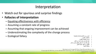 Interpretation
• Watch out for spurious and surprise findings
• Fallacies of interpretation
– Equating effectiveness with efficiency
– Assuming a constant rate of progress
– Assuming that ongoing improvement can be achieved
– Underestimating the complexity of the change process
– Ecological fallacy •
‫والمفاجئة‬ ‫الزائفة‬ ‫النتائج‬ ‫من‬ ‫احترس‬
•
‫التفسير‬ ‫مغالطات‬
•
‫بالكفاءة‬ ‫الفعالية‬ ‫مساواة‬
•
‫التقدم‬ ‫من‬ ‫ثابت‬ ‫معدل‬ ‫افتراض‬ ‫على‬
•
‫مستمر‬ ‫تحسن‬ ‫تحقيق‬ ‫يمكن‬ ‫أنه‬ ‫افتراض‬ ‫على‬
•
‫التغيير‬ ‫عملية‬ ‫تعقيد‬ ‫من‬ ‫التقليل‬
•
‫البيئية‬ ‫مغالطة‬
 