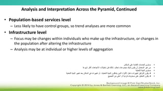 Analysis and Interpretation Across the Pyramid, Continued
• Population-based services level
– Less likely to have control groups, so trend analyses are more common
• Infrastructure level
– Focus may be changes within individuals who make up the infrastructure, or changes in
the population after altering the infrastructure
– Analysis may be at individual or higher levels of aggregation
•
‫السكان‬ ‫على‬ ‫القائمة‬ ‫الخدمات‬ ‫مستوى‬
•
‫ا‬ً‫ع‬‫شيو‬ ‫أكثر‬ ‫االتجاهات‬ ‫تحليالت‬ ‫فإن‬ ‫لذلك‬ ، ‫تحكم‬ ‫مجموعات‬ ‫لديك‬ ‫يكون‬ ‫أن‬ ‫المحتمل‬ ‫غير‬ ‫من‬
•
‫التحتية‬ ‫البنية‬ ‫مستوى‬
•
‫التحتية‬ ‫البنية‬ ‫تغيير‬ ‫بعد‬ ‫السكان‬ ‫في‬ ‫تغييرات‬ ‫أو‬ ، ‫التحتية‬ ‫البنية‬ ‫يشكلون‬ ‫الذين‬ ‫األفراد‬ ‫داخل‬ ‫تغييرات‬ ‫التركيز‬ ‫يكون‬ ‫قد‬
•
‫التجميع‬ ‫من‬ ‫أعلى‬ ‫أو‬ ‫فردية‬ ‫مستويات‬ ‫على‬ ‫التحليل‬ ‫يكون‬ ‫قد‬
 