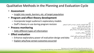Qualitative Methods in the Planning and Evaluation Cycle
• Assessment
– Insight into needs, barriers, etc. of target population
• Program and effect theory development
– Incorporate target audience’s explanatory models
– Staff’s theory-in-use during program revision
• Process monitoring
– Adds different types of information
• Effect evaluation
– Enhance explanatory power of evaluation design and data
– Explain why/how certain outcomes occurred
•
‫تقدير‬
•
‫المستهدفين‬ ‫السكان‬ ‫من‬ ‫وغيرها‬ ‫والحواجز‬ ‫االحتياجات‬ ‫ثاقبة‬ ‫نظرة‬
•
‫البرنامج‬ ‫وتأثير‬ ‫نظرية‬ ‫تطوير‬
•
‫المستهدف‬ ‫للجمهور‬ ‫التوضيحية‬ ‫النماذج‬ ‫دمج‬
•
‫البرنامج‬ ‫مراجعة‬ ‫أثناء‬ ‫الموظفين‬ ‫استخدام‬ ‫نظرية‬
•
‫الرصد‬ ‫عملية‬
•
‫المعلومات‬ ‫من‬ ‫مختلفة‬ ‫أنواع‬ ‫يضيف‬
•
‫التأثير‬ ‫تقييم‬
•
‫والبيانات‬ ‫التقييم‬ ‫لتصميم‬ ‫التوضيحية‬ ‫القوة‬ ‫تعزيز‬
•
‫لماذا‬ ‫اشرح‬
/
‫النتائج‬ ‫بعض‬ ‫حدثت‬ ‫كيف‬
 