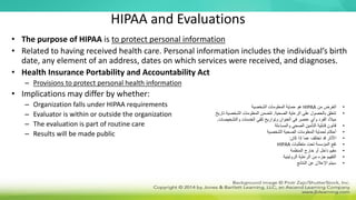 HIPAA and Evaluations
• The purpose of HIPAA is to protect personal information
• Related to having received health care. Personal information includes the individual’s birth
date, any element of an address, dates on which services were received, and diagnoses.
• Health Insurance Portability and Accountability Act
– Provisions to protect personal health information
• Implications may differ by whether:
– Organization falls under HIPAA requirements
– Evaluator is within or outside the organization
– The evaluation is part of routine care
– Results will be made public
•
‫من‬ ‫الغرض‬
HIPAA
‫الشخصية‬ ‫المعلومات‬ ‫حماية‬ ‫هو‬
•
‫الصحية‬ ‫الرعاية‬ ‫على‬ ‫بالحصول‬ ‫تتعلق‬
.
‫الشخص‬ ‫المعلومات‬ ‫تتضمن‬
‫تاريخ‬ ‫ية‬
‫والتشخ‬ ‫الخدمات‬ ‫تلقي‬ ‫وتواريخ‬ ‫العنوان‬ ‫في‬ ‫عنصر‬ ‫وأي‬ ‫الفرد‬ ‫ميالد‬
‫يصات‬
.
•
‫والمساءلة‬ ‫الصحي‬ ‫التأمين‬ ‫قابلية‬ ‫قانون‬
•
‫الشخصية‬ ‫الصحية‬ ‫المعلومات‬ ‫لحماية‬ ‫أحكام‬
•
‫كان‬ ‫إذا‬ ‫عما‬ ‫تختلف‬ ‫قد‬ ‫اآلثار‬
:
•
‫متطلبات‬ ‫تحت‬ ‫المؤسسة‬ ‫تقع‬
HIPAA
•
‫المنظمة‬ ‫خارج‬ ‫أو‬ ‫داخل‬ ‫مقيم‬
•
‫الروتينية‬ ‫الرعاية‬ ‫من‬ ‫جزء‬ ‫التقييم‬
•
‫النتائج‬ ‫عن‬ ‫اإلعالن‬ ‫سيتم‬
 
