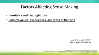 Factors Affecting Sense Making
• Heuristics and hindsight bias
• Cultural values, experiences, and ways of thinking
•
‫األوان‬ ‫فوات‬ ‫بعد‬ ‫والتحيز‬ ‫االستدالل‬
•
‫التفكير‬ ‫وطرق‬ ‫والخبرات‬ ‫الثقافية‬ ‫القيم‬
 