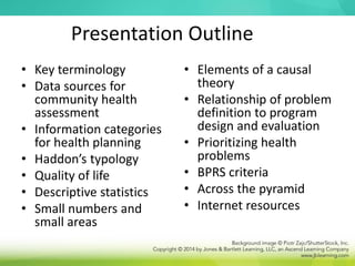 Presentation Outline
• Key terminology
• Data sources for
community health
assessment
• Information categories
for health planning
• Haddon’s typology
• Quality of life
• Descriptive statistics
• Small numbers and
small areas
• Elements of a causal
theory
• Relationship of problem
definition to program
design and evaluation
• Prioritizing health
problems
• BPRS criteria
• Across the pyramid
• Internet resources
 