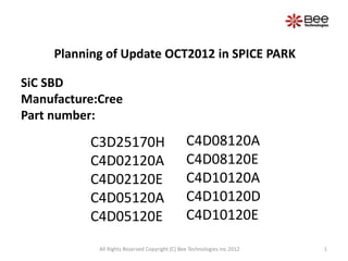 Planning of Update OCT2012 in SPICE PARK

SiC SBD
Manufacture:Cree
Part number:

           C3D25170H                            C4D08120A
           C4D02120A                            C4D08120E
           C4D02120E                            C4D10120A
           C4D05120A                            C4D10120D
           C4D05120E                            C4D10120E

            All Rights Reserved Copyright (C) Bee Technologies Inc.2012   1
 