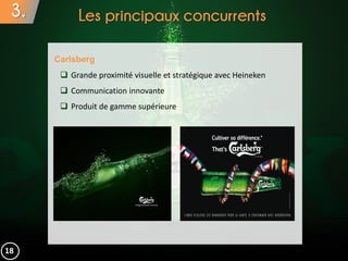 3. Les principaux concurrents
Carlsberg
 Grande proximité visuelle et stratégique avec Heineken
 Communication innovante
 Produit de gamme supérieure
18
 