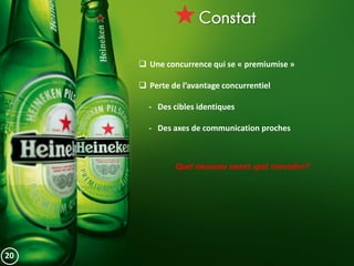 Constat
 Une concurrence qui se « premiumise »
 Perte de l’avantage concurrentiel
- Des cibles identiques
- Des axes de communication proches
20
Quel nouveau sweet spot convoiter?
 