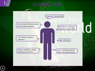 1. Le public cible
4
Sexe: Hommes (cible principale),
femmes (cible secondaire)
Age : 20-34 ans
CSP : Revenus moyens à
supérieurs
Valeurs : diplômés, urbains,
dynamiques, connectés
Motivations : nouveauté,
socialisation, estime de soi
Lieux : à domicile, dans les
pubs ou lors d’événements
Fréquence : Occasionnelle
 