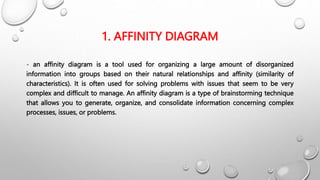 1. AFFINITY DIAGRAM
- an affinity diagram is a tool used for organizing a large amount of disorganized
information into groups based on their natural relationships and affinity (similarity of
characteristics). It is often used for solving problems with issues that seem to be very
complex and difficult to manage. An affinity diagram is a type of brainstorming technique
that allows you to generate, organize, and consolidate information concerning complex
processes, issues, or problems.
 