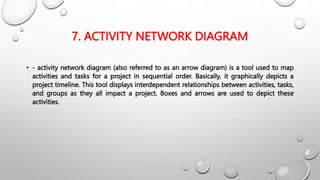 7. ACTIVITY NETWORK DIAGRAM
• - activity network diagram (also referred to as an arrow diagram) is a tool used to map
activities and tasks for a project in sequential order. Basically, it graphically depicts a
project timeline. This tool displays interdependent relationships between activities, tasks,
and groups as they all impact a project. Boxes and arrows are used to depict these
activities.
 